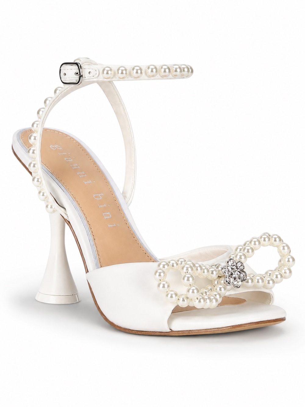 Gianni Bini HaydnTwo White Satin Pearl Bow Ankle Strap Dress Sandals Size 8.5M - Picture 4 of 11